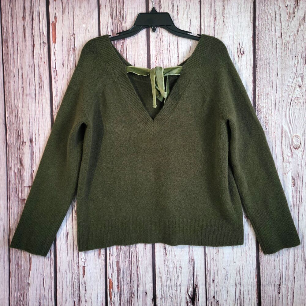 J.Crew Wool Blend V-Neck Army Green Velvet Ribbon Womens Medium Sweater